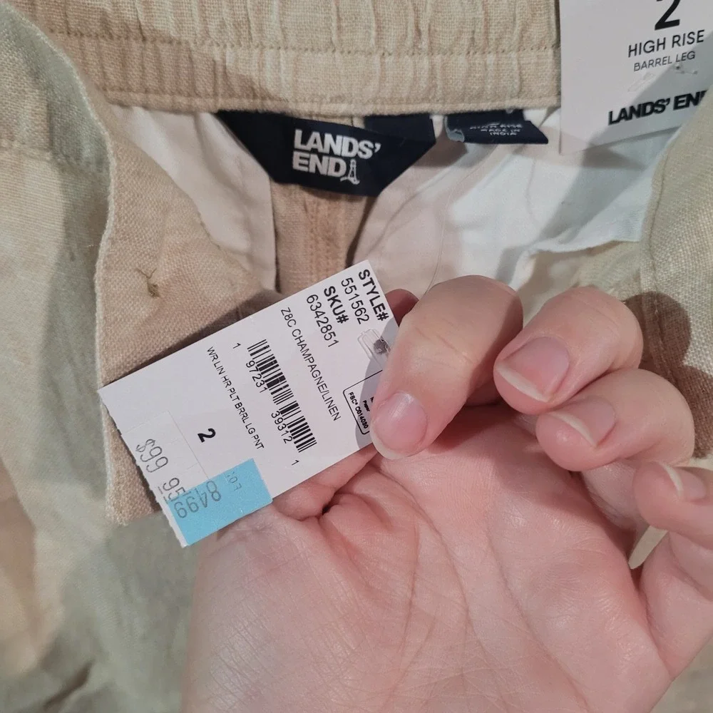 LANDS' END High Rise Barrel Leg 100% Linen Pants Sz 2 x 27 Beige Beach Vacation